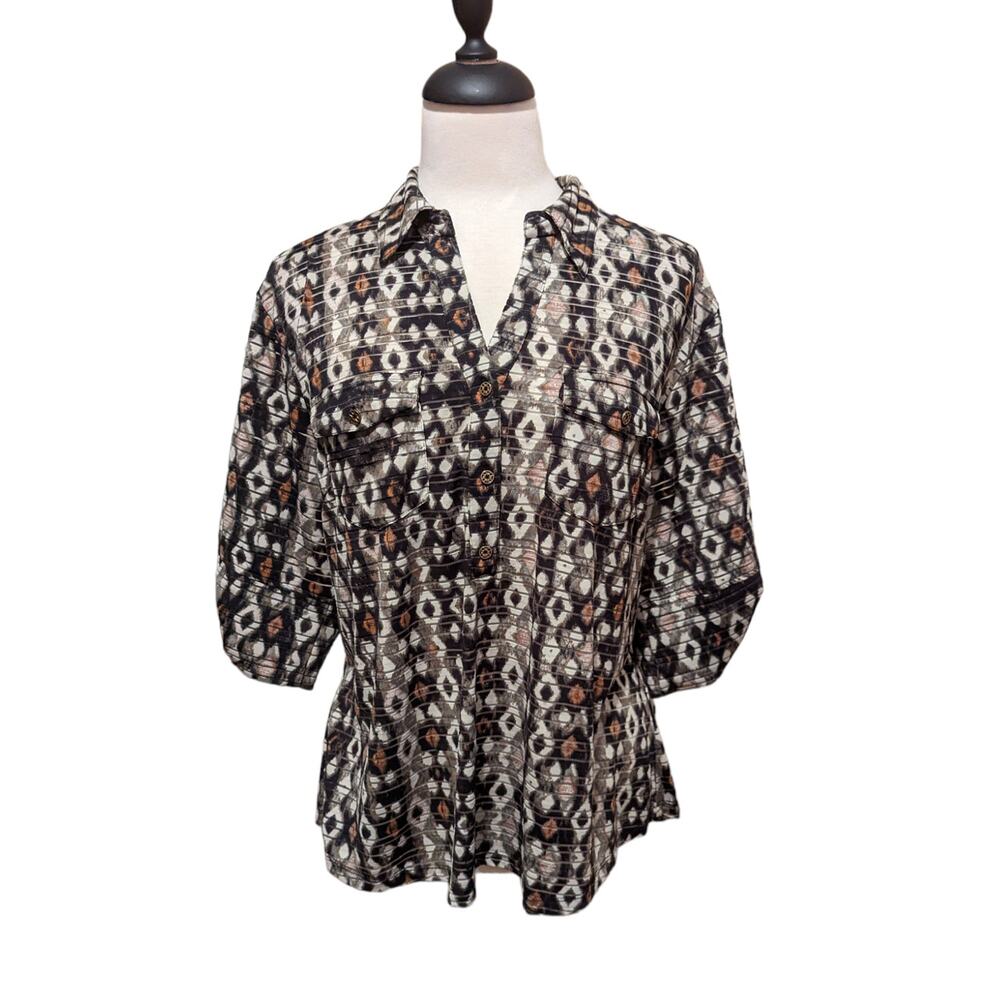 3/4 Sleeve Collared Shirt with Pockets Size Size PXL